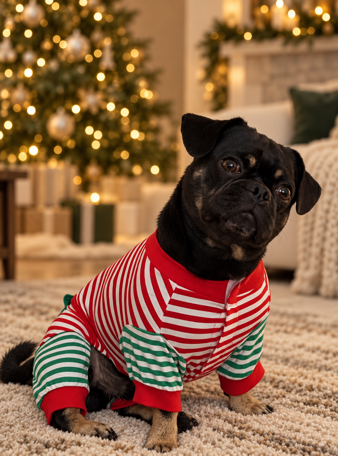 Onyx tilting his head in Christmas pajamas in a softly lit holiday room