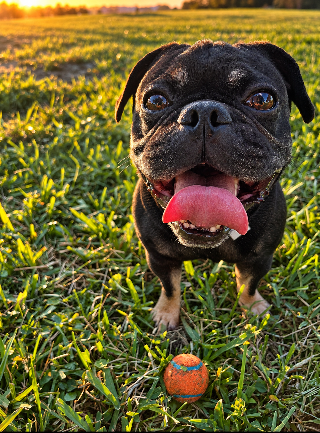 Onyx smiling in the grass with his orange ball